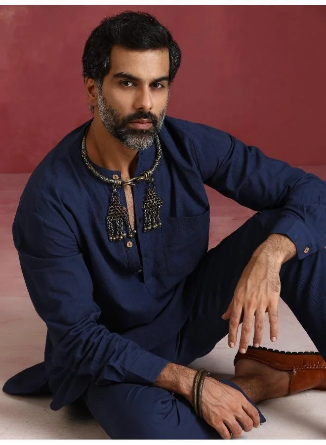 trueBrowns Men's Navy Cotton Mandarin Collar Kurta Co-ord set