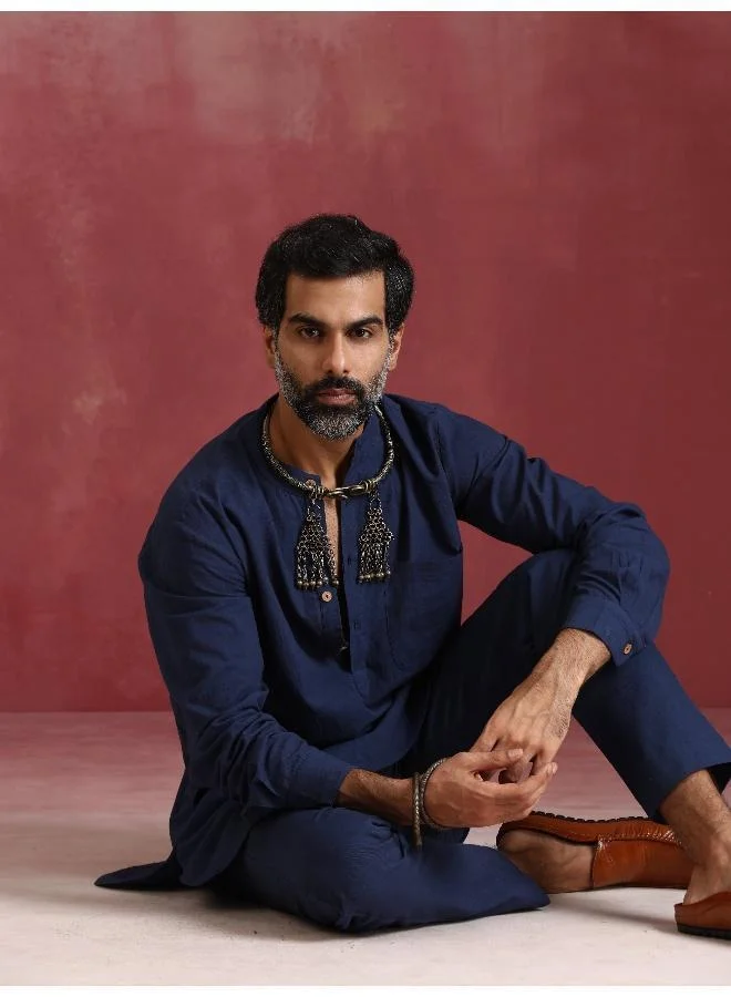 trueBrowns Men's Navy Cotton Mandarin Collar Kurta Co-ord set