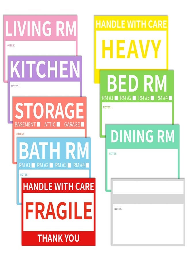 Ouzoustate 2” x 3’’ Removable Waterproof Home Moving Box Packing Labels for 1/2/3/4 Bedroom Rooms, 9 Designs Color-Coded Moving Stickers Including Fragile 、Heavy and Blank Labels (300 Labels) - Image 1