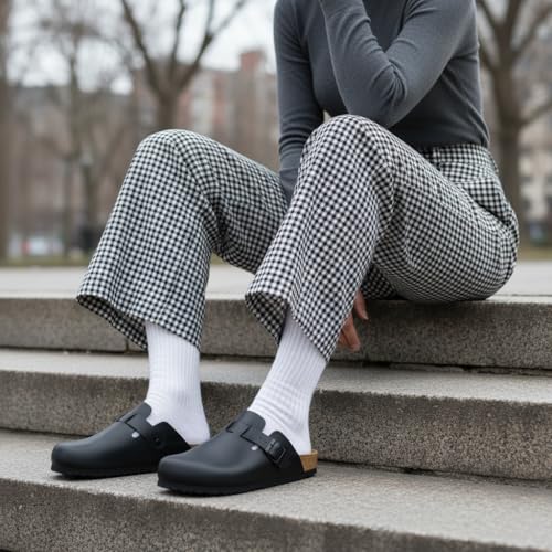 CUSHIONAIRE Hana Womens Clogs | Comfortable Vegan Suede Clogs for Women | Slip On Potato Shoes with Cork Footbed & Arch Support| BLACK 8W - Image 4