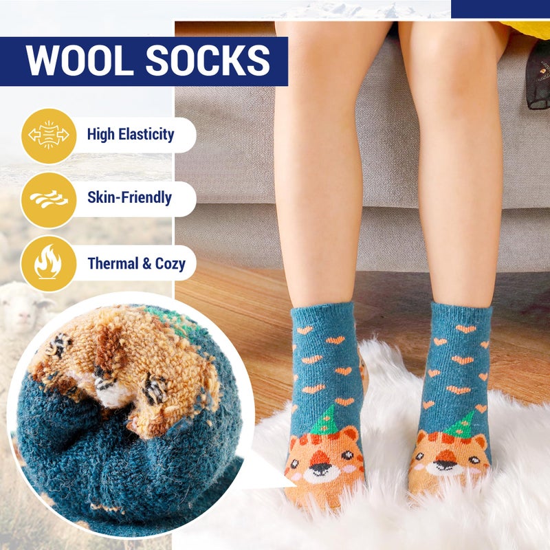 Eocom 6 Pairs Children's Winter Warm Wool Animal Crew Socks Kids Boys Girls Socks(4-7 Years,Heart Animal) - Image 3
