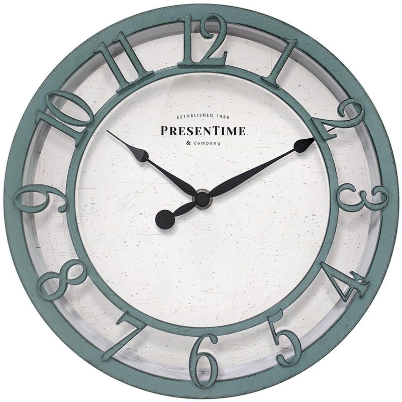 Presentime  Co 10 Farmhouse Series Wall Clock Shiplap Style Silent No Ticking Raised 3D Arabic Numeral Aged Teal Finish