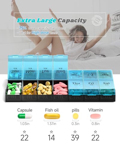 COLORWING 7 Day Extra Large Pill Organizer 2 Times a Day, Weekly Pill Box Twice a Day, XL AM PM Pill Case, Oversized Daily Medicine Organizer for Vitamin, Big Pill Container (Cyan) - Image 3