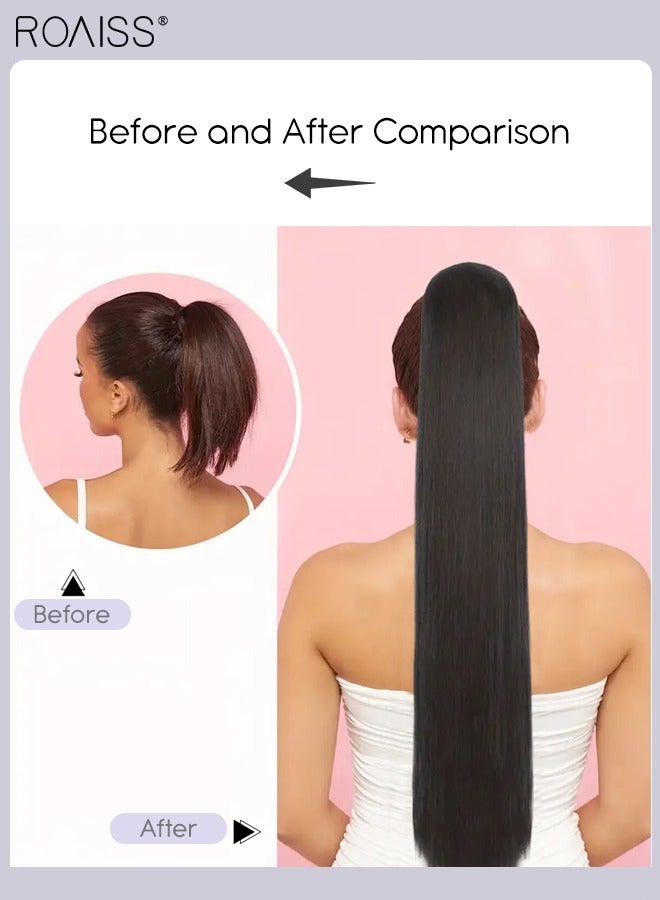 roaiss Long Straight Drawstring Ponytail Extension for Women Synthetic Ponytail Hair Extensions Natural Soft Hair Pieces for Daily Party Use 76cm (30 inches) - Brown Black - Image 2