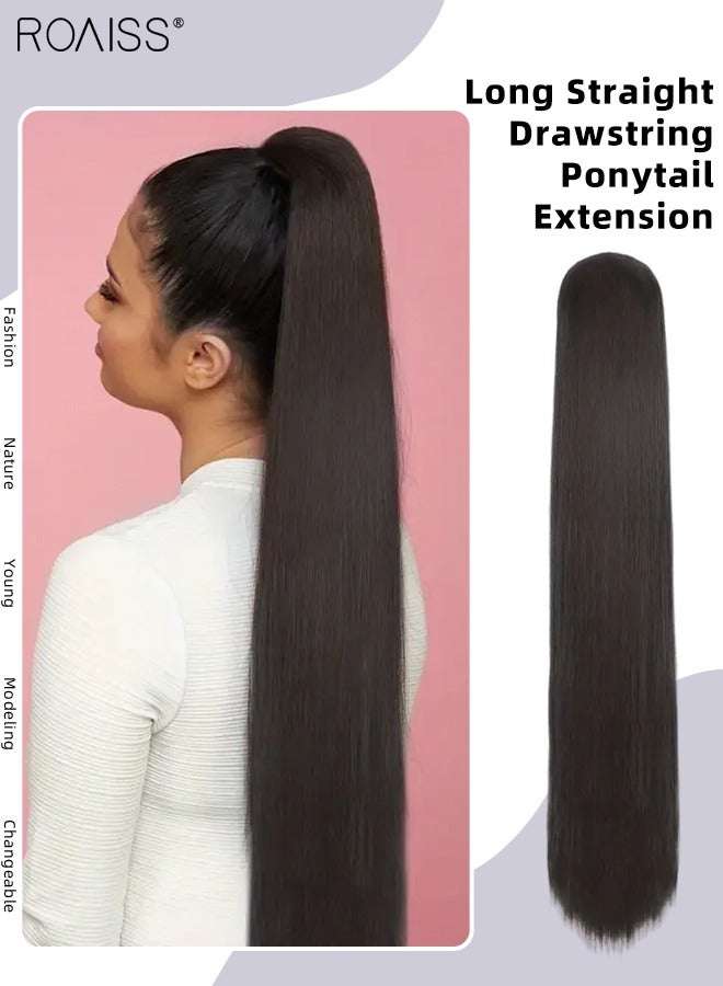 roaiss Long Straight Drawstring Ponytail Extension for Women Synthetic Ponytail Hair Extensions Natural Soft Hair Pieces for Daily Party Use 76cm (30 inches) - Brown Black - Image 1