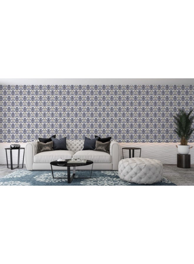 Home Gallery A Blue And White Damask Pattern With Swirls And Leaves.
 Fabric Wallpaper Covers An Area ​​Up To 4.2Mx3M With Adhesive  And Smoothing Tool  - Image 2