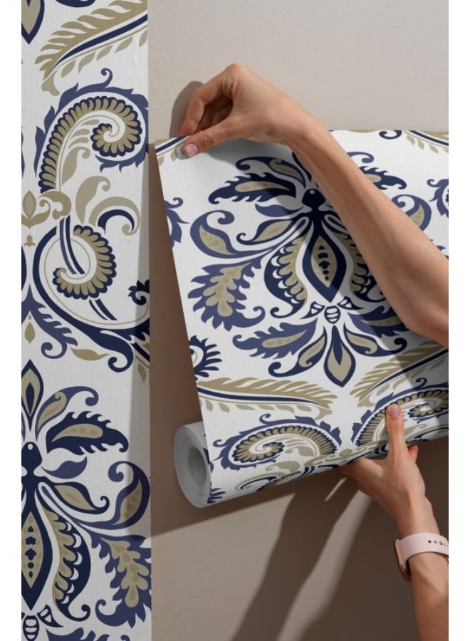 Home Gallery A Blue And White Damask Pattern With Swirls And Leaves.
 Fabric Wallpaper Covers An Area ​​Up To 4.2Mx3M With Adhesive  And Smoothing Tool  - Image 1