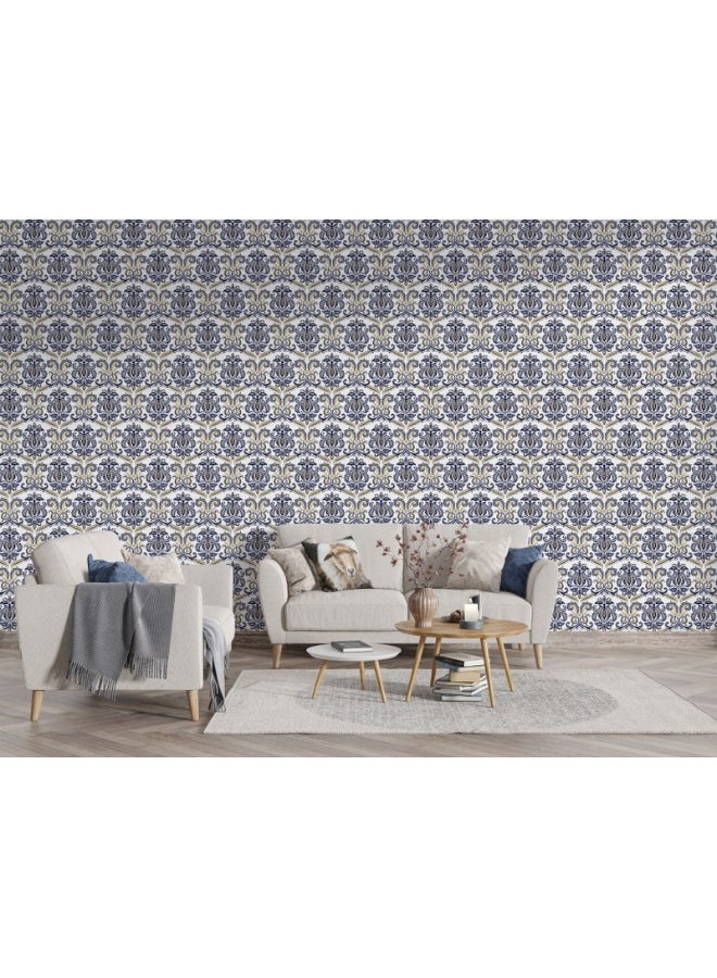 Home Gallery A Blue And White Damask Pattern With Swirls And Leaves.
 Fabric Wallpaper Covers An Area ​​Up To 4.2Mx3M With Adhesive  And Smoothing Tool  - Image 5