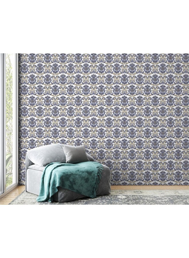 Home Gallery A Blue And White Damask Pattern With Swirls And Leaves.
 Fabric Wallpaper Covers An Area ​​Up To 4.2Mx3M With Adhesive  And Smoothing Tool  - Image 3