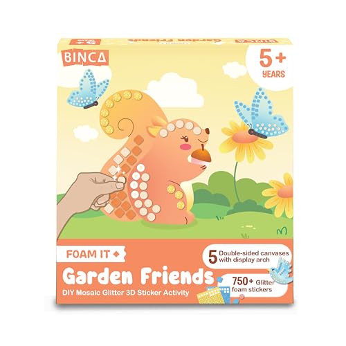 Binca Foam Sticker Mosaic Art Activity, 750+ 3D Glitter Foam Stickers, 5 Garden Animals with Display Arch, DIY Mess-Free Activities, Felt Craft Kits & Gifts for Boys & Girls Ages 5,6,7,8 - Image 1