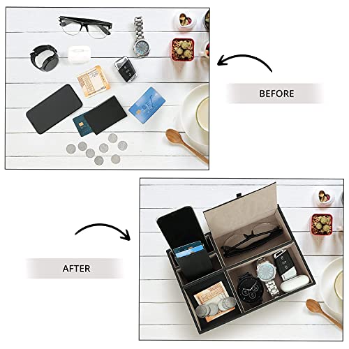 BAGILO Men And Women Leather Valet Tray|Dresser Organizer 5 Slot Jewellery Accessories Box For Watches, Sunglasses, Wallet, Cell Phone Key And Jewellery (Black) - Image 3