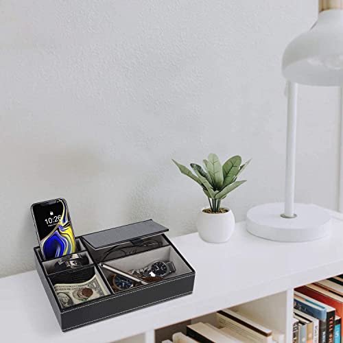 BAGILO Men And Women Leather Valet Tray|Dresser Organizer 5 Slot Jewellery Accessories Box For Watches, Sunglasses, Wallet, Cell Phone Key And Jewellery (Black) - Image 2