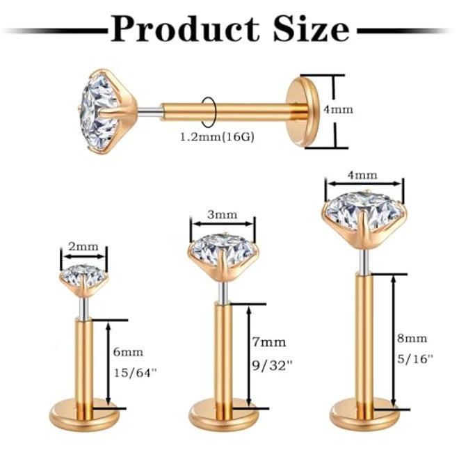 Gotumo - 20G flat back earrings, threadless G23 titanium, for tragus, labret, cartilage, lip, medusa, conch, body piercing, hypoallergenic jewellery for women and men - Image 3