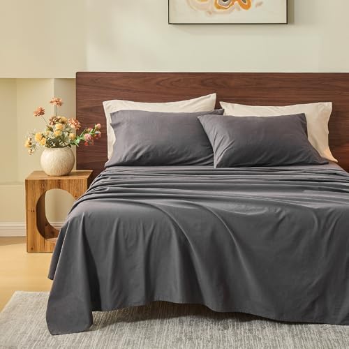 MEISHANG 100 French Pure Linen Sheets King Size Bed Sheets 4 Piece Sets Soft Durable Flax Linen AntiTear Breathable OekoTex Certified with 16 Deep Pocket Dark Grey - Image 1