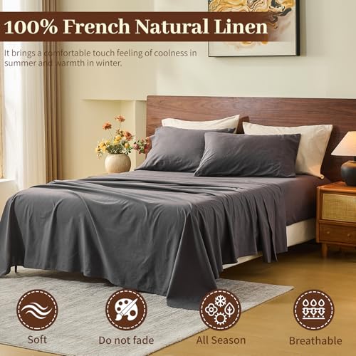 MEISHANG 100 French Pure Linen Sheets King Size Bed Sheets 4 Piece Sets Soft Durable Flax Linen AntiTear Breathable OekoTex Certified with 16 Deep Pocket Dark Grey - Image 3