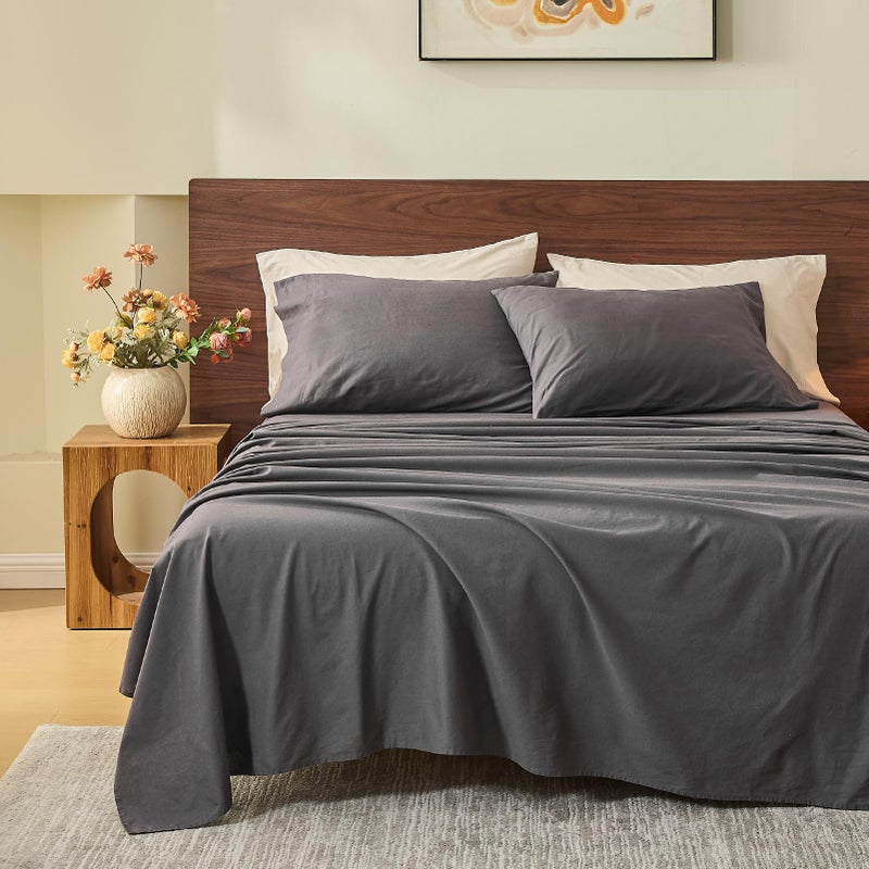 MEISHANG 100 French Pure Linen Sheets King Size Bed Sheets 4 Piece Sets Soft Durable Flax Linen AntiTear Breathable OekoTex Certified with 16 Deep Pocket Dark Grey - Image 2