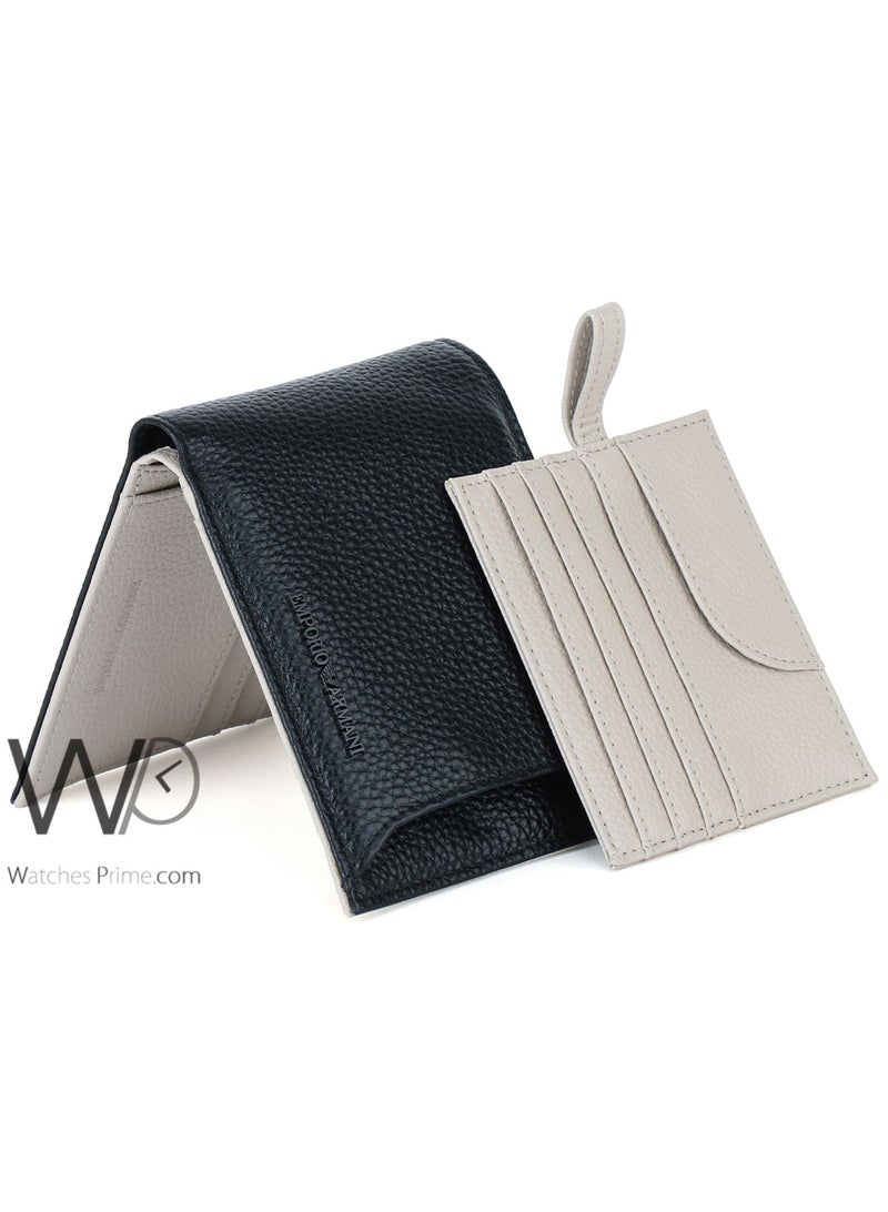 armani Emporio Armani Men's Genuine Leather Wallet and Card Holder - Black / Beige - Image 5