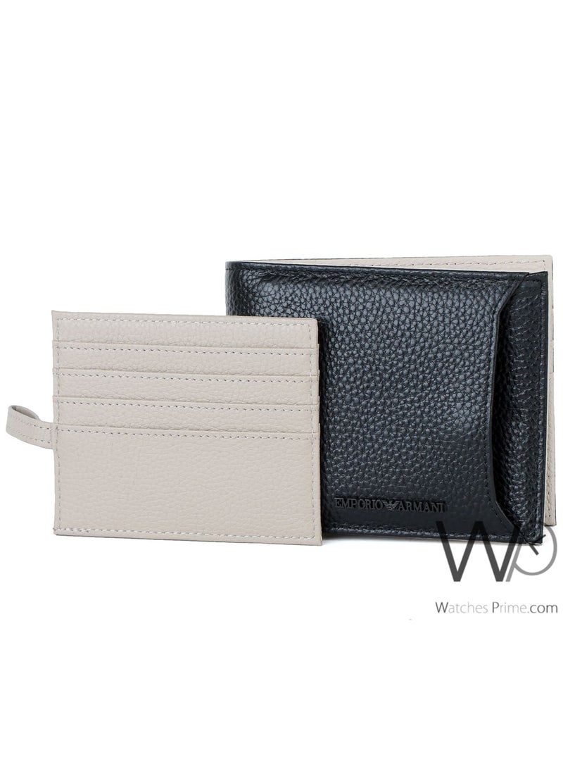 armani Emporio Armani Men's Genuine Leather Wallet and Card Holder - Black / Beige - Image 4