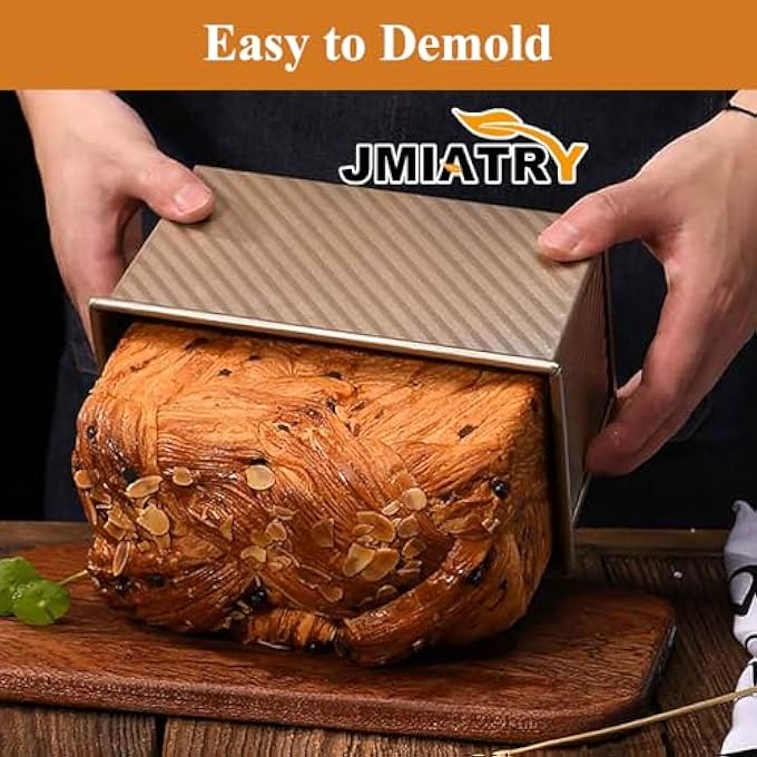 JMIATRY 2 Pcs Pullman Loaf Tin with Lid 450g 1lb Gold NonStick Bread Tin Carbon Steel Loaf Tins for Baking Toast Cake 20 x 115 CM - Image 5