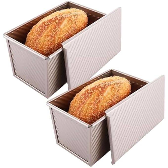 JMIATRY 2 Pcs Pullman Loaf Tin with Lid 450g 1lb Gold NonStick Bread Tin Carbon Steel Loaf Tins for Baking Toast Cake 20 x 115 CM - Image 2
