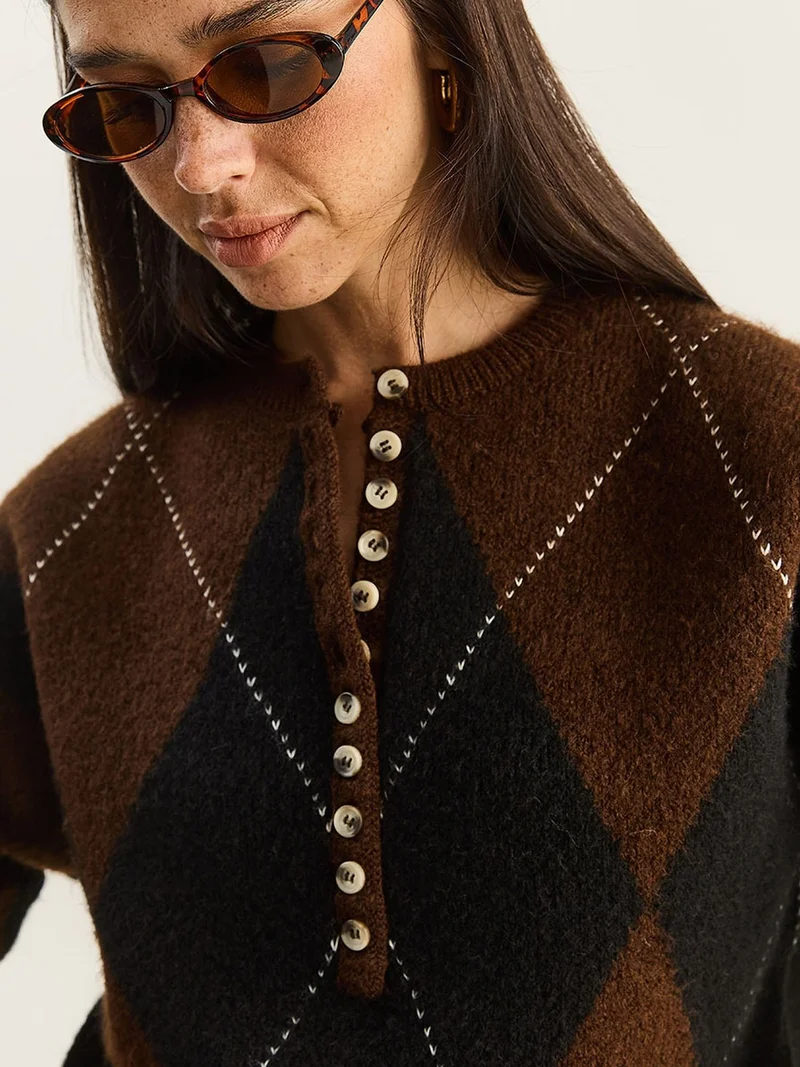 Bianco Lucci Black LUCCI Knit Crew Neck Sweater with Button Closure for Women | Best Price UAE