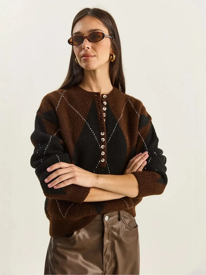 Bianco Lucci Black LUCCI Knit Crew Neck Sweater with Button Closure for Women | Best Price UAE