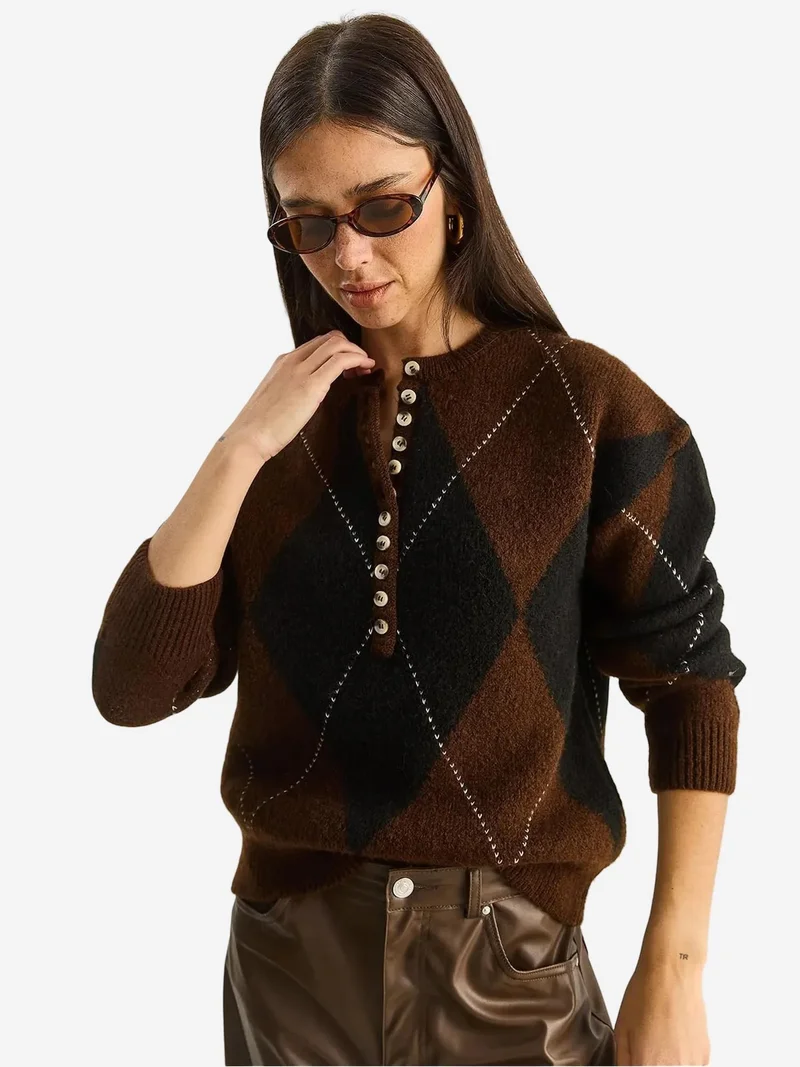 Bianco Lucci Black LUCCI Knit Crew Neck Sweater with Button Closure for Women | Best Price UAE