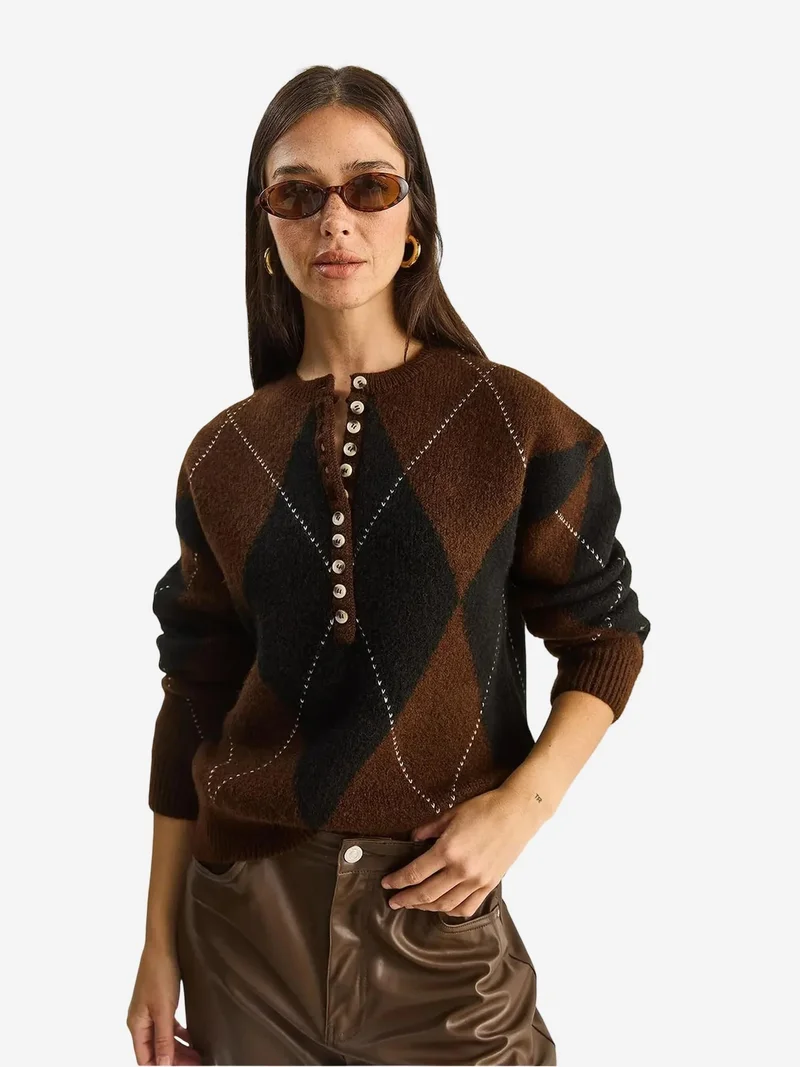 Bianco Lucci Black LUCCI Knit Crew Neck Sweater with Button Closure for Women | Best Price UAE
