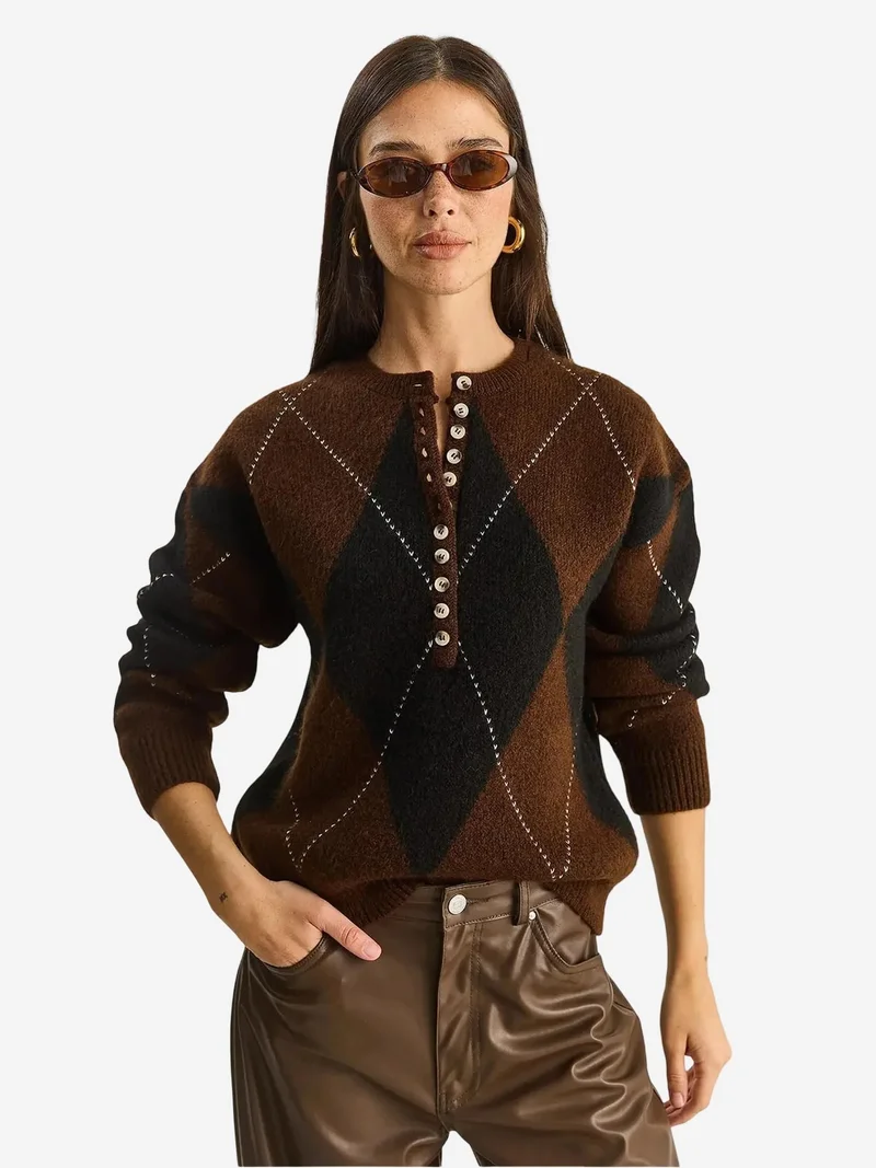 Bianco Lucci Black LUCCI Knit Crew Neck Sweater with Button Closure for Women | Best Price UAE