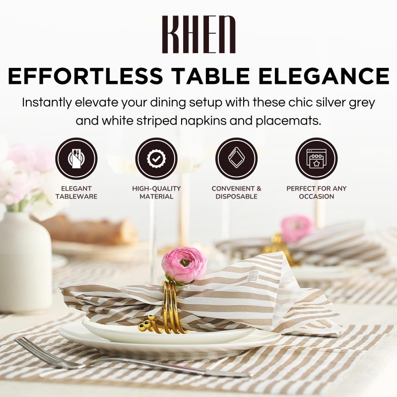 Khen Khen 100-Count Luxury Disposable Napkins  European Stripes Design - 2-Ply Tableware  Linen-Feel Paper Guest Towels Elegant Soft & Absorbent Hand Towel  Party Napkin Placemats  15.75""x13"" - Silver Grey  - Image 4