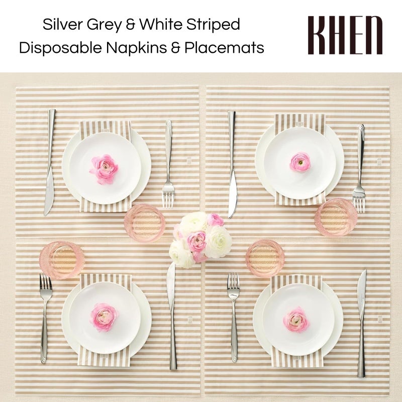 Khen Khen 100-Count Luxury Disposable Napkins  European Stripes Design - 2-Ply Tableware  Linen-Feel Paper Guest Towels Elegant Soft & Absorbent Hand Towel  Party Napkin Placemats  15.75""x13"" - Silver Grey  - Image 2