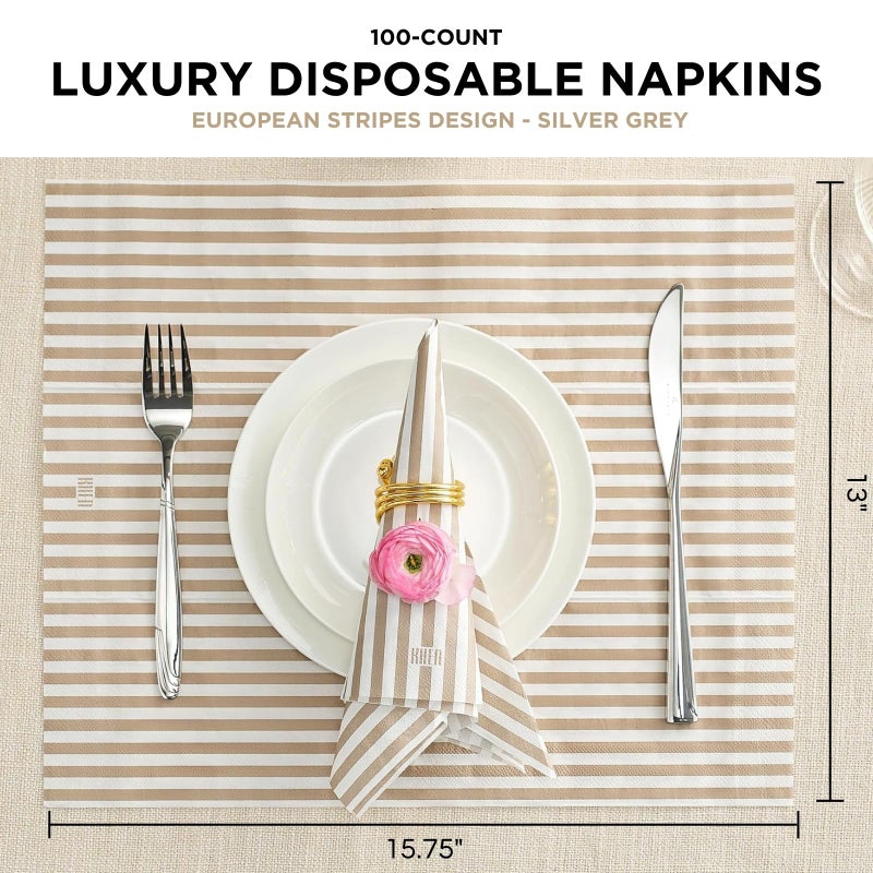 Khen Khen 100-Count Luxury Disposable Napkins  European Stripes Design - 2-Ply Tableware  Linen-Feel Paper Guest Towels Elegant Soft & Absorbent Hand Towel  Party Napkin Placemats  15.75""x13"" - Silver Grey  - Image 3