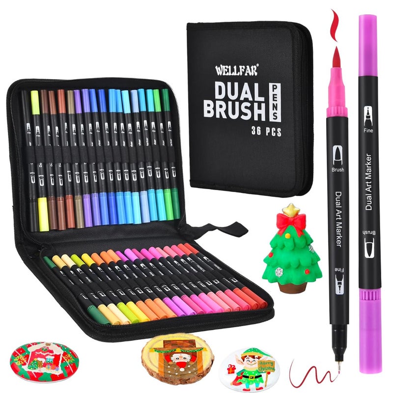 WELLFAR Coloring Markers for Adults/Teens/Kids, Dual Tip (Brush/Fine Point) Art Marker No Bleed/Non Bleeding, Gel Acrylic Paint Pen Set for Coloring Books,Sketching,Drawing,Rock Painting,Journaling. 36 Colors - Image 1