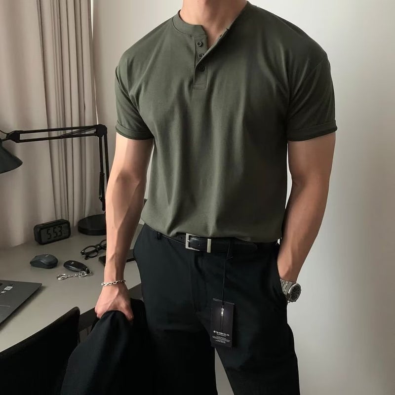 American Retro Heavy Short-sleeved T-shirt Mens Polo Shirt Mature and Steady Fitness Tension Wear Tough Guy Henry Shirt Black - Image 1