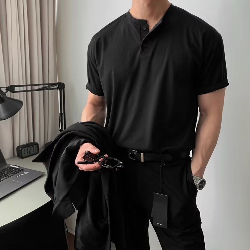 American Retro Heavy Short-sleeved T-shirt Mens Polo Shirt Mature and Steady Fitness Tension Wear Tough Guy Henry Shirt Black - Image 5