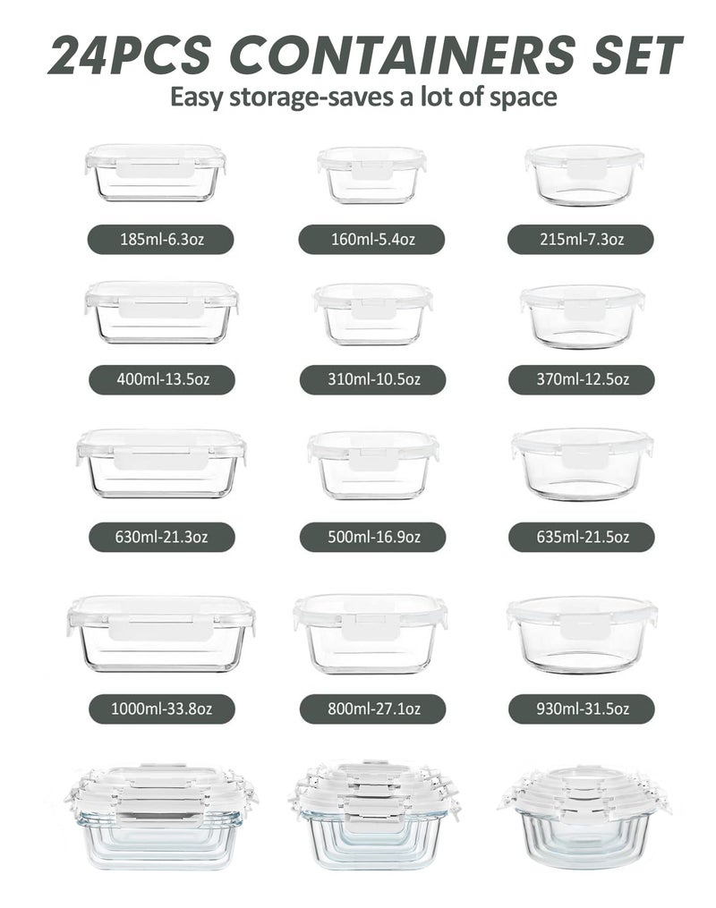 VERONES 12 Packs Glass Food Storage Containers Set, Airtight Glass Lunch Containers, Glass Meal Prep Containers with Lids,Exclusive of BPA, for Microwave, Oven, Freezer & Dishwasher Friendly,White - Image 2