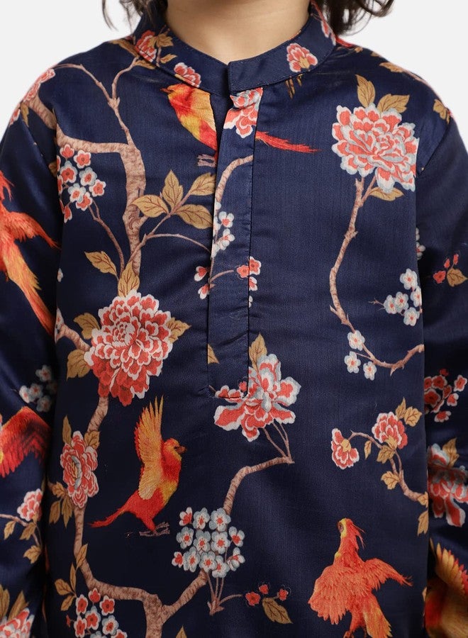 Piccolo, Silk Blend Floral Printed Kurta Pyjama Set, Ethnic Wear, Full Sleeves Kurta and Pyjama/Pajama, Traditional Dress for Boys Kids (Color - Navy Blue) - Image 4