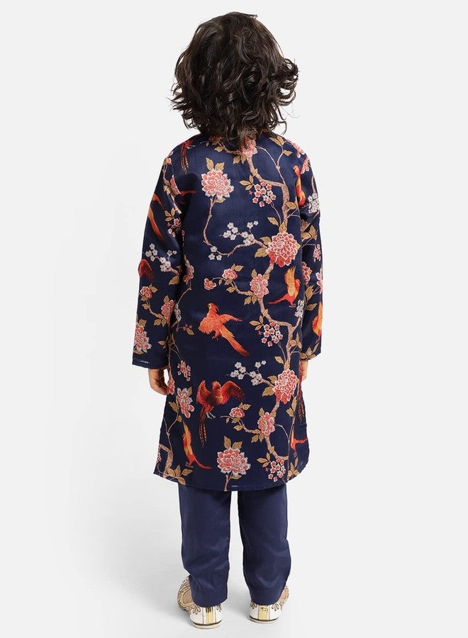 Piccolo, Silk Blend Floral Printed Kurta Pyjama Set, Ethnic Wear, Full Sleeves Kurta and Pyjama/Pajama, Traditional Dress for Boys Kids (Color - Navy Blue) - Image 3