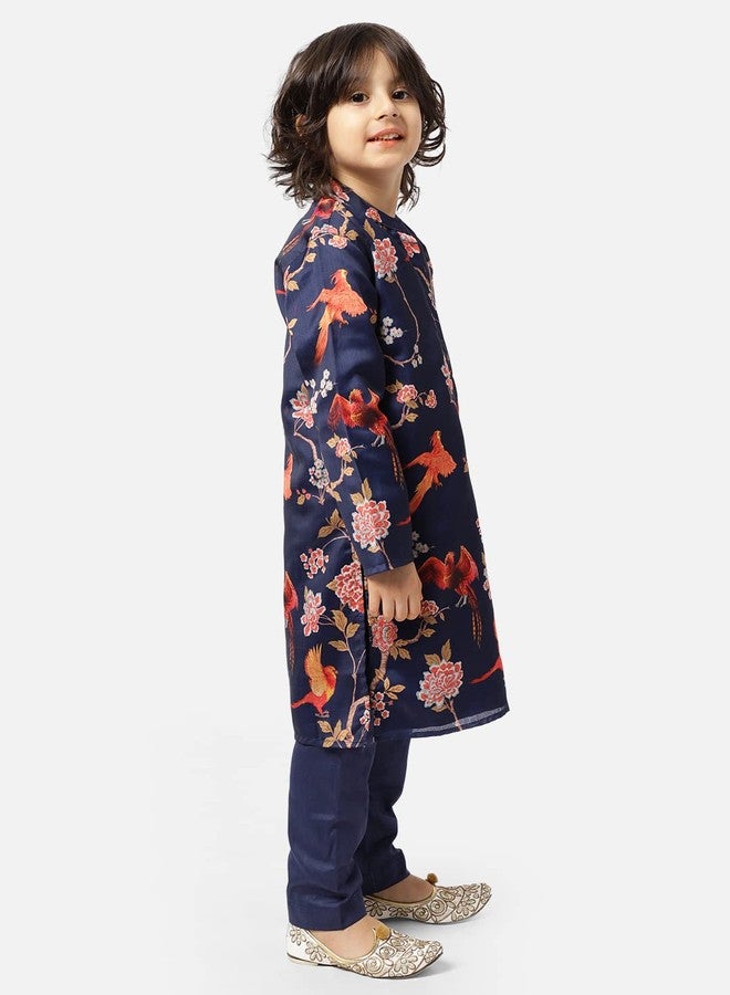 Piccolo, Silk Blend Floral Printed Kurta Pyjama Set, Ethnic Wear, Full Sleeves Kurta and Pyjama/Pajama, Traditional Dress for Boys Kids (Color - Navy Blue) - Image 2
