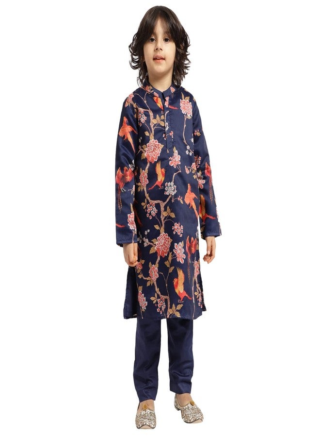 Piccolo, Silk Blend Floral Printed Kurta Pyjama Set, Ethnic Wear, Full Sleeves Kurta and Pyjama/Pajama, Traditional Dress for Boys Kids (Color - Navy Blue) - Image 1
