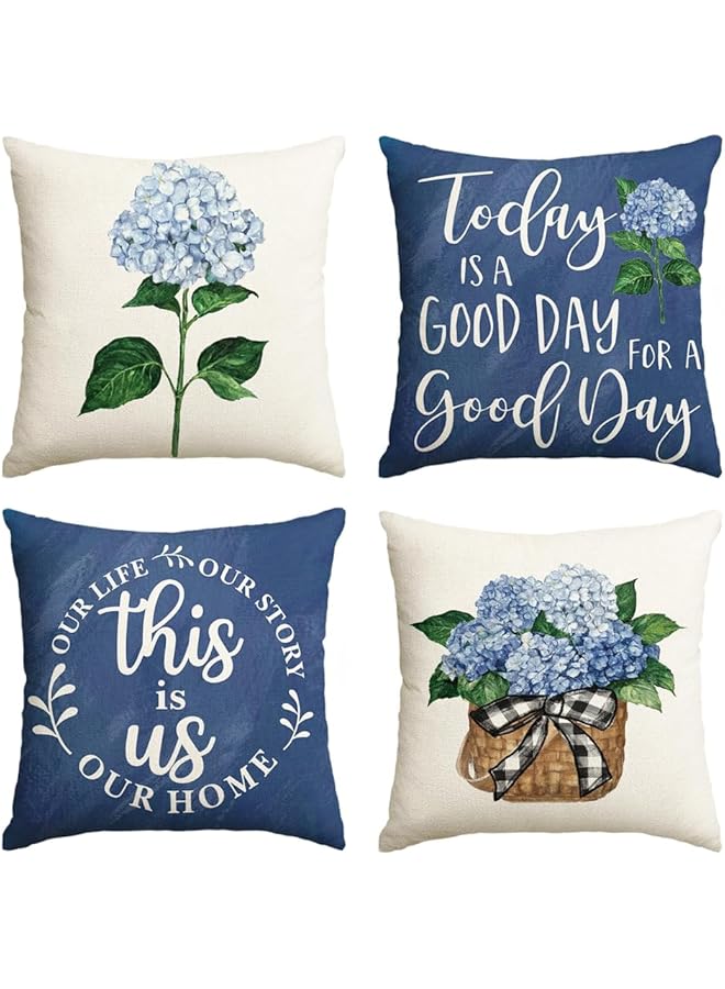 The Bros Blue Hydrangea Spring Summer Throw Pillow Covers, 18 x 18 Inch "Today is A Good Day" Dark Blue Cushion Case Decoration for Sofa Couch Set of 4