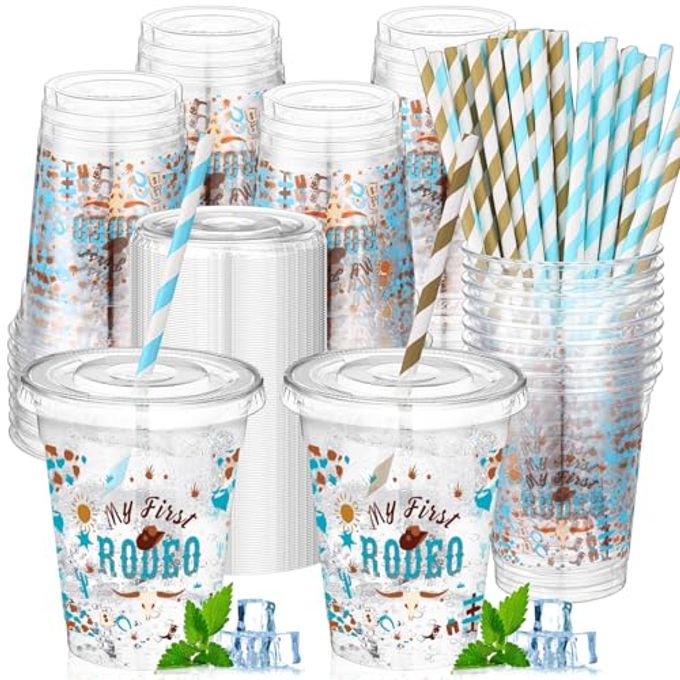 Jingmore 50 Pcs Party Disposable Plastic Cups 12 oz with Lids Straws Themed Party Supplies Plastic Tumbler for Birthday Table Decorations Favors(First Rodeo,Brown and Blue)