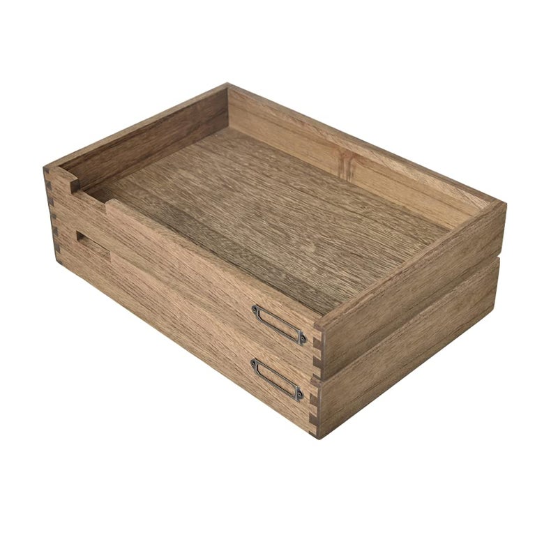 KIRIGEN Wooden Stackable Office Letter Organizer Desk Tray Pack of 2  Wood Two Tier Tray for Desktop Organizeration with Metal Label Card Holder  Inbox Tray for DeskDark Brown 2TTPDBR