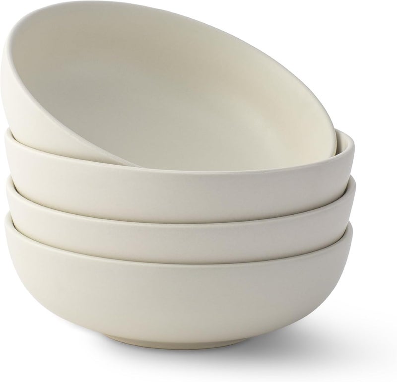 JoyJolt JoyJolt Mesa 30oz Stoneware Pasta Bowls Set of 4 Salad and Serving Bowl for Kitchen Oatmeal Soup Dinner  Matte Linen White Dishwasher and Microwave Safe Wide and Shallow Plate  - Image 1