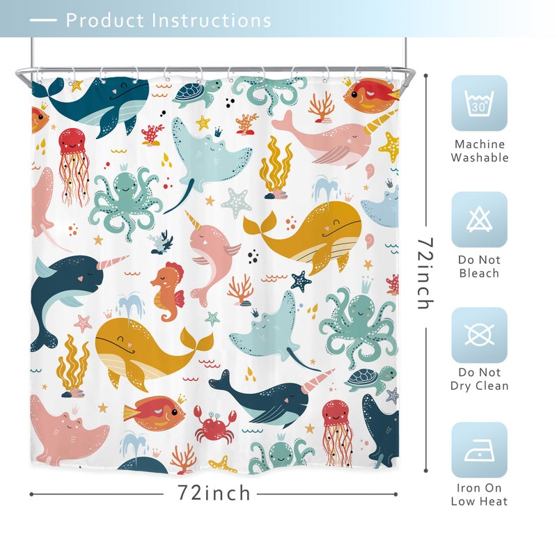 Riyidecor Funny Whale Kids Shower Curtain 72Wx72H Inch Cartoon Dolphin Curtains Cute Marine Animal Ocean Fish Underwater Sealife for Boys Girls Bathroom Decor Fabric Polyester Waterproof 12 Pack Hooks - Image 5