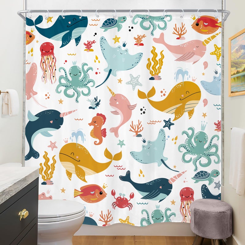 Riyidecor Funny Whale Kids Shower Curtain 72Wx72H Inch Cartoon Dolphin Curtains Cute Marine Animal Ocean Fish Underwater Sealife for Boys Girls Bathroom Decor Fabric Polyester Waterproof 12 Pack Hooks - Image 4