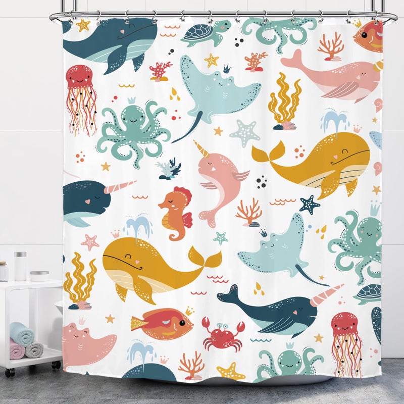 Riyidecor Funny Whale Kids Shower Curtain 72Wx72H Inch Cartoon Dolphin Curtains Cute Marine Animal Ocean Fish Underwater Sealife for Boys Girls Bathroom Decor Fabric Polyester Waterproof 12 Pack Hooks - Image 1