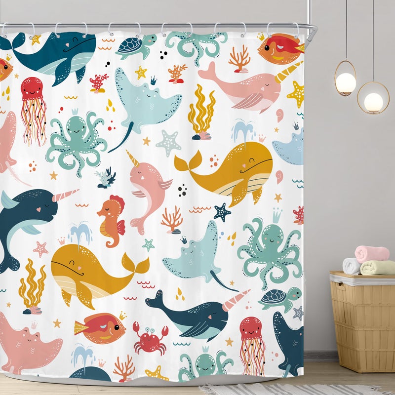 Riyidecor Funny Whale Kids Shower Curtain 72Wx72H Inch Cartoon Dolphin Curtains Cute Marine Animal Ocean Fish Underwater Sealife for Boys Girls Bathroom Decor Fabric Polyester Waterproof 12 Pack Hooks - Image 2