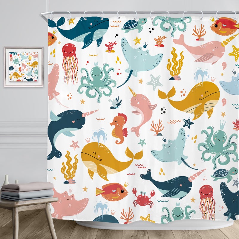 Riyidecor Funny Whale Kids Shower Curtain 72Wx72H Inch Cartoon Dolphin Curtains Cute Marine Animal Ocean Fish Underwater Sealife for Boys Girls Bathroom Decor Fabric Polyester Waterproof 12 Pack Hooks - Image 3