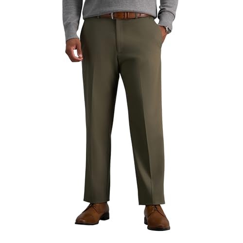 Haggar mens Premium No Iron Khaki Classic Fit Expandable Waist Flat Front Pant, Toast, 38x32 - Image 1